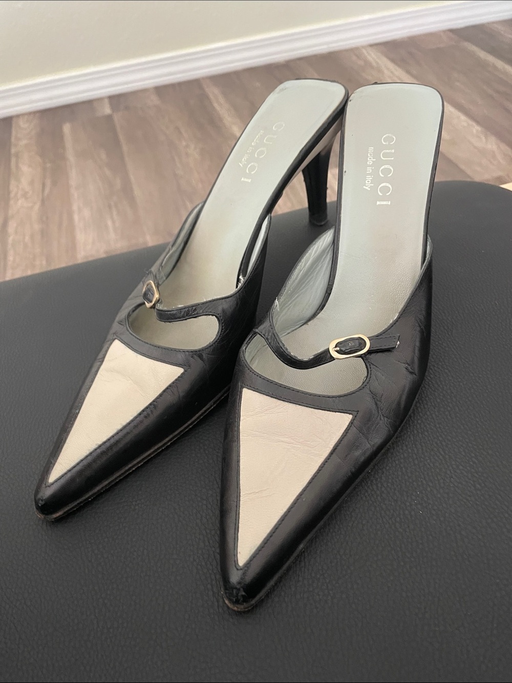 Gucci Black and Cream Pointed Mule Heels with Gold Buckle